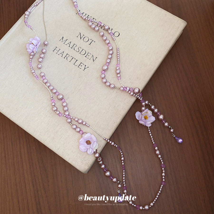 Elegante collar de perlas con flor de tela de estilo francés para mujer con colgante de aleación chapada, delicada cadena para suéter de uso diario