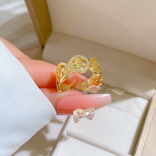 Anillo de latón con forma de corona estilo dibujo animado, chapado en oro para mujer, joya de mano de lujo con banda abierta ajustable