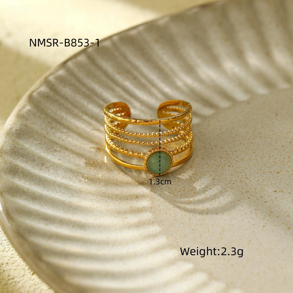 Fashionable Minimalist Round Titanium Steel Ring with 18K Gold Plating and Natural Green Aventurine Stone for Women