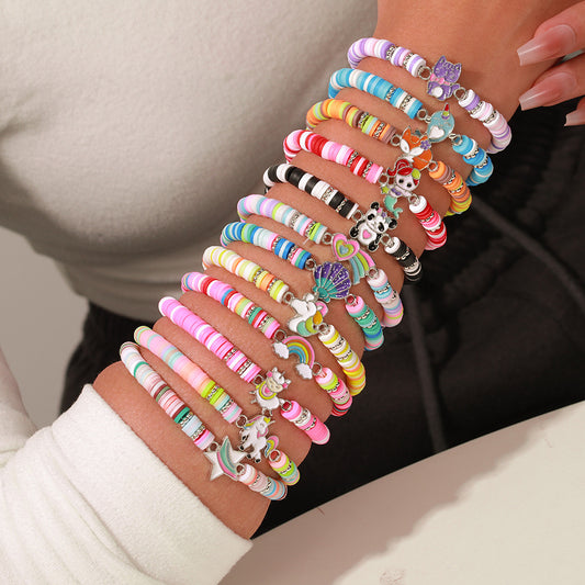Pulsera de Arcilla Polimérica Hecha a Mano con Diseño de Panda, Delfín y Unicornio Arcoíris para Mujeres y Hombres, Joyería de la Amistad con Temática Animal, Estilo Casual y a la Moda