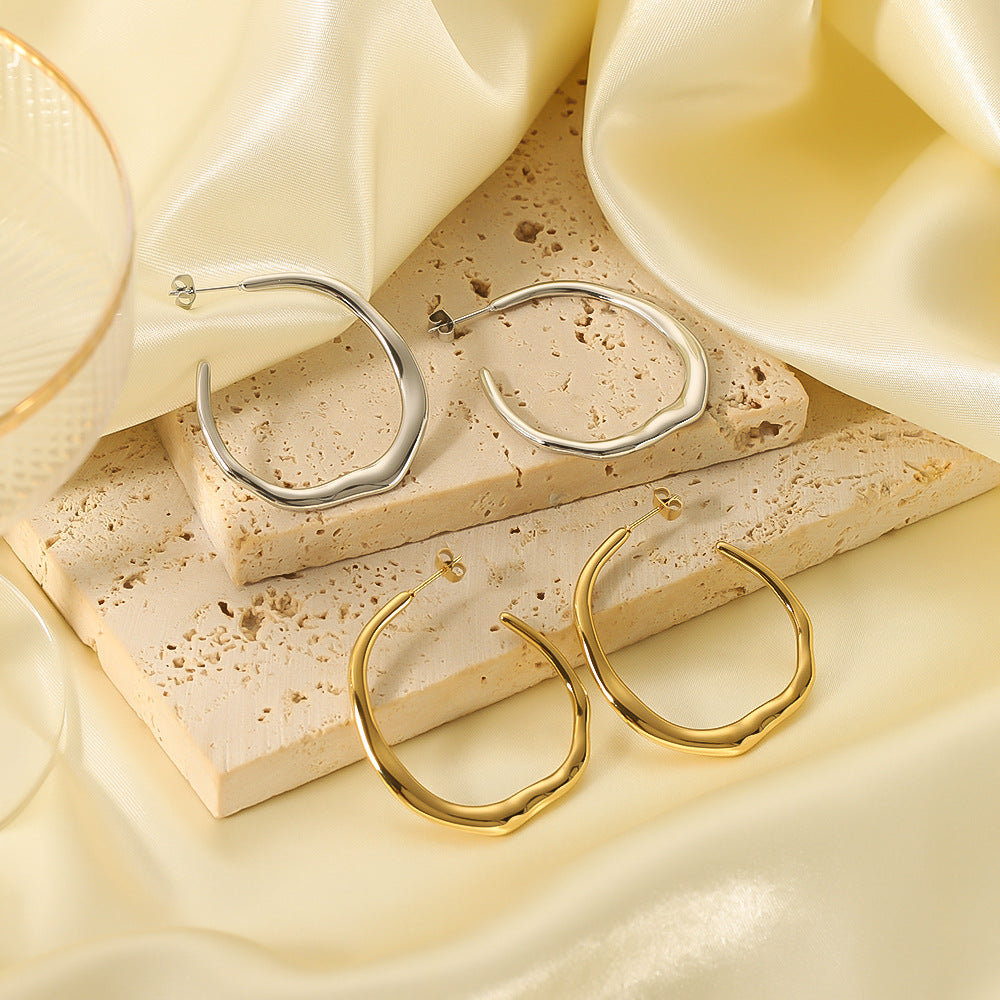 Irregular C-Shaped Stainless Steel Earrings with 18K Gold Plating, Minimalist Fashion Ear Cuffs for Women