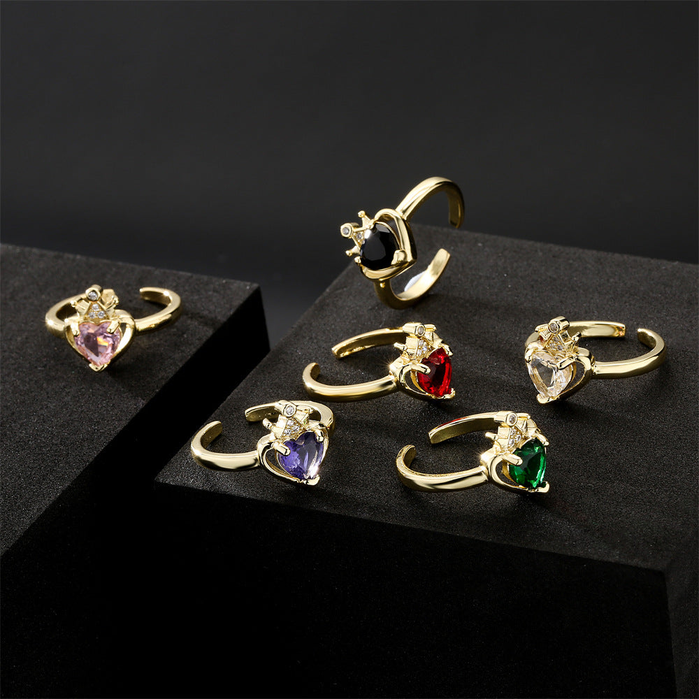 Gold Plated Brass Geometric Heart Micro-inlay Cubic Zirconia Ring for Women