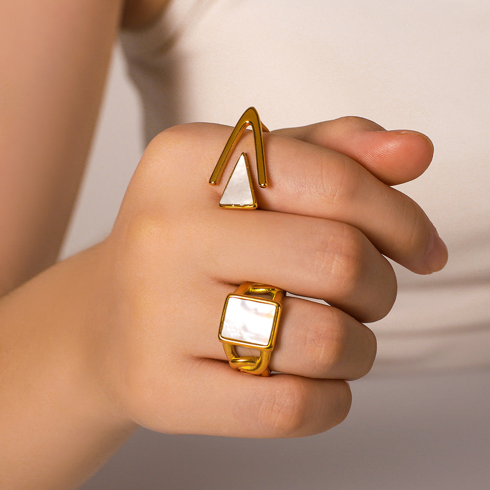 Vintage Minimalist Geometric Stainless Steel Ring with White Natural Shell Inlay and 18K Vacuum Plating