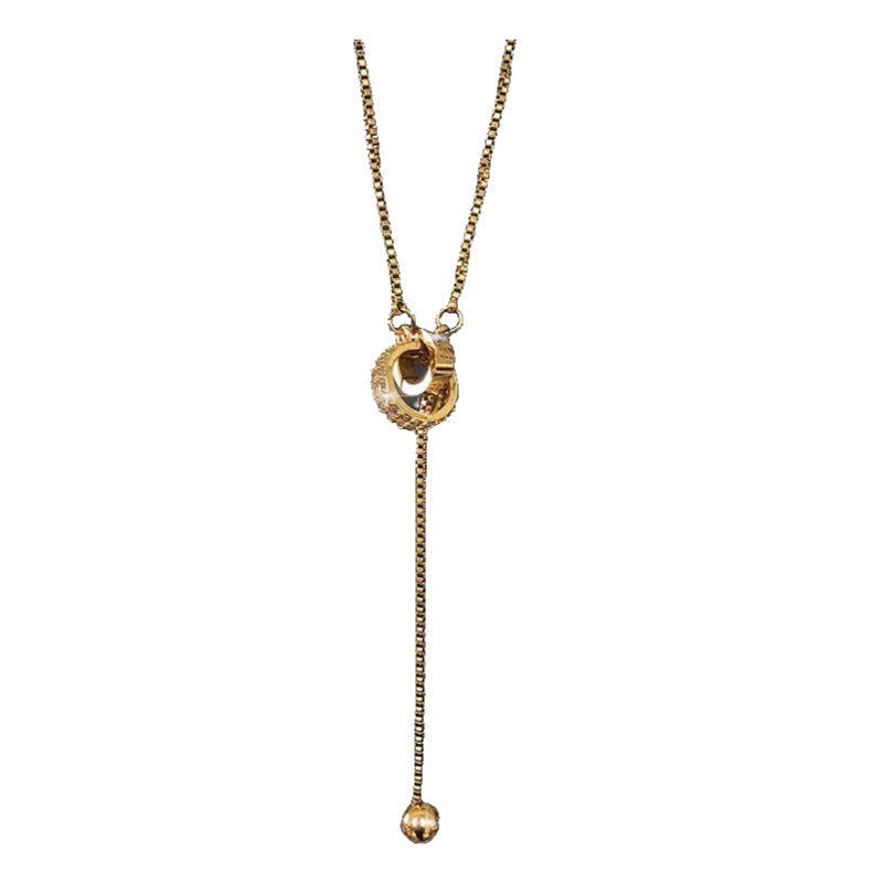 Elegant Minimalist Double Ring U-Shape Titanium Steel Plated Rhinestone Tassel Necklace for Women