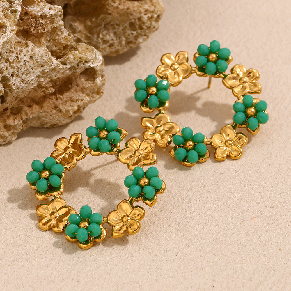 Vintage-Inspired Floral Round Hoop Earrings for Women in Stainless Steel with 18K Gold Plating