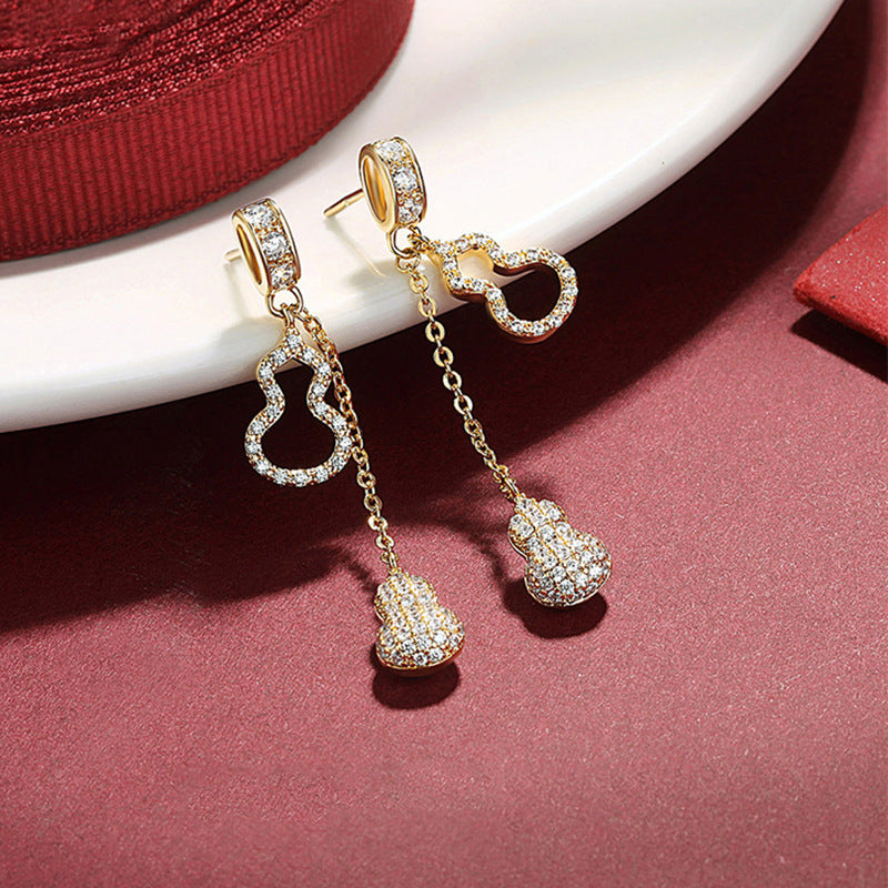 Elegant 925 Sterling Silver Post Micro-Inlaid Cubic Zirconia Gourd Tassel Drop Earrings for Women