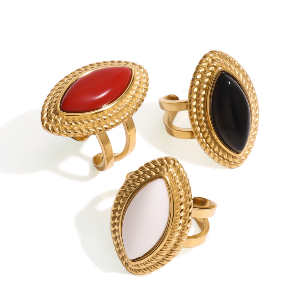 Exaggerated Vintage 18K Gold Plated Stainless Steel Black Onyx Open Ring for Women