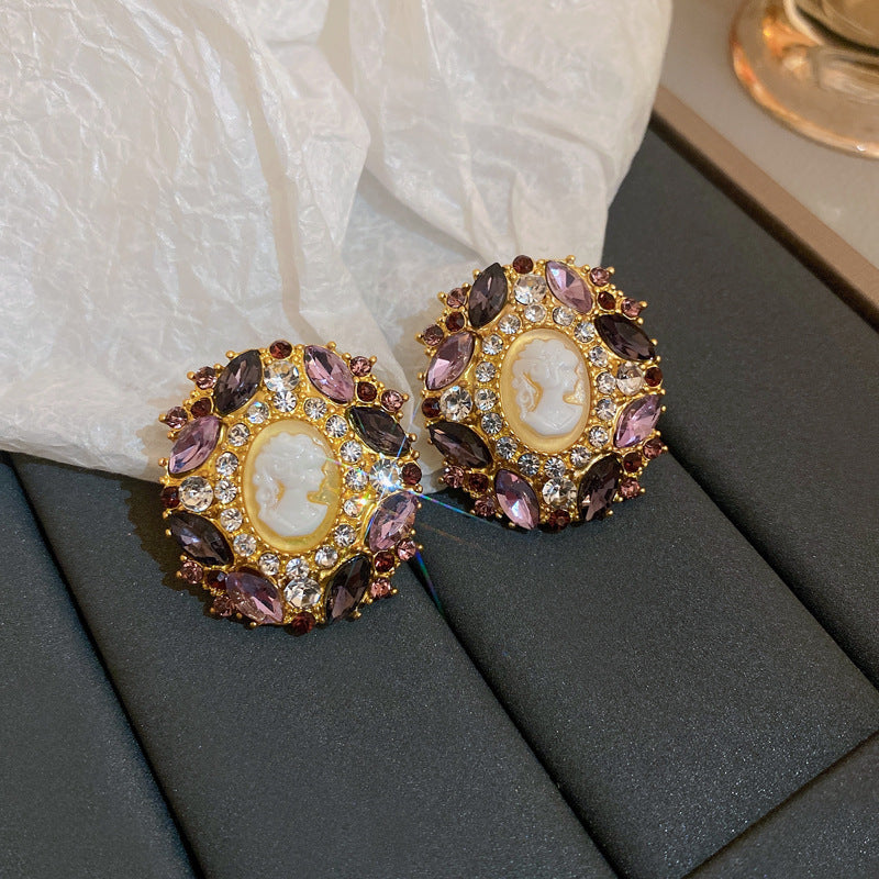 Pendientes de Ángel Retro Artísticos Ovalados con Incrustaciones de Pedrería para Mujer con Base de Cobre y Diseño Geométrico