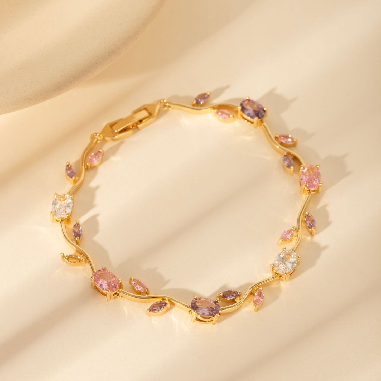 Luxury Gold Plated Brass Leaf Bracelet with Cubic Zirconia Inlay Unisex Floral Design