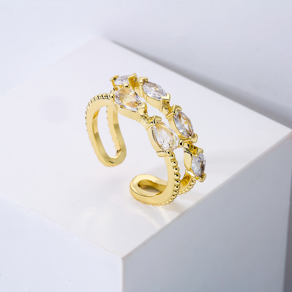 Geometric Open Ring for Women with Copper Base Plated in 18K Gold and Micro-Paved Zirconia
