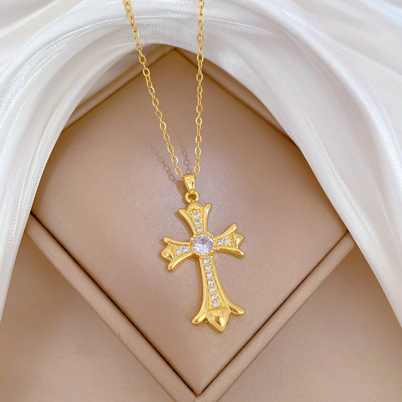 Luxury Stainless Steel Cross Pendant Necklace with Full Rhinestone Inlay for Women Geometric Shape Delicate Clavicle Chain