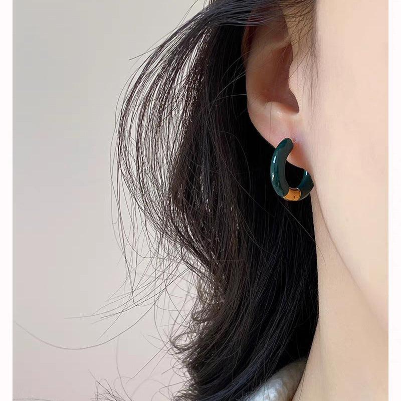 Pendientes de aro en forma de U de acero titanio esmaltado retro francés elegante para mujer en azul esmeralda y burdeos