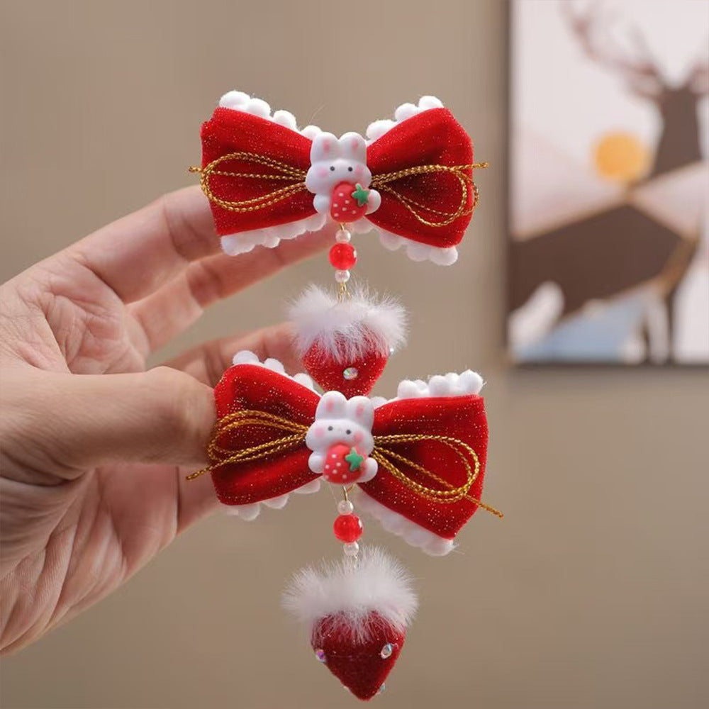 Juego de pinzas para el pelo de conejo y fresa de dibujos animados para niñas con diseño de lazo y cristales rojos estilo princesa