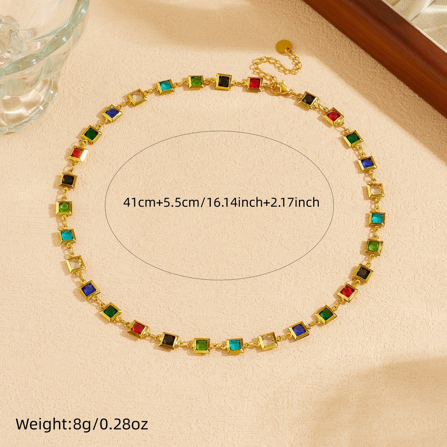 Gold Plated Stainless Steel Square Rhinestone Crystal Necklace Bracelet Set for Women