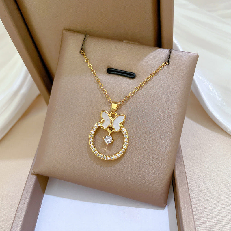 Luxury Full-Rhinestone Butterfly Pendant Necklace for Women Titanium Steel Chain Delicate Clavicle Jewelry Geometric Design