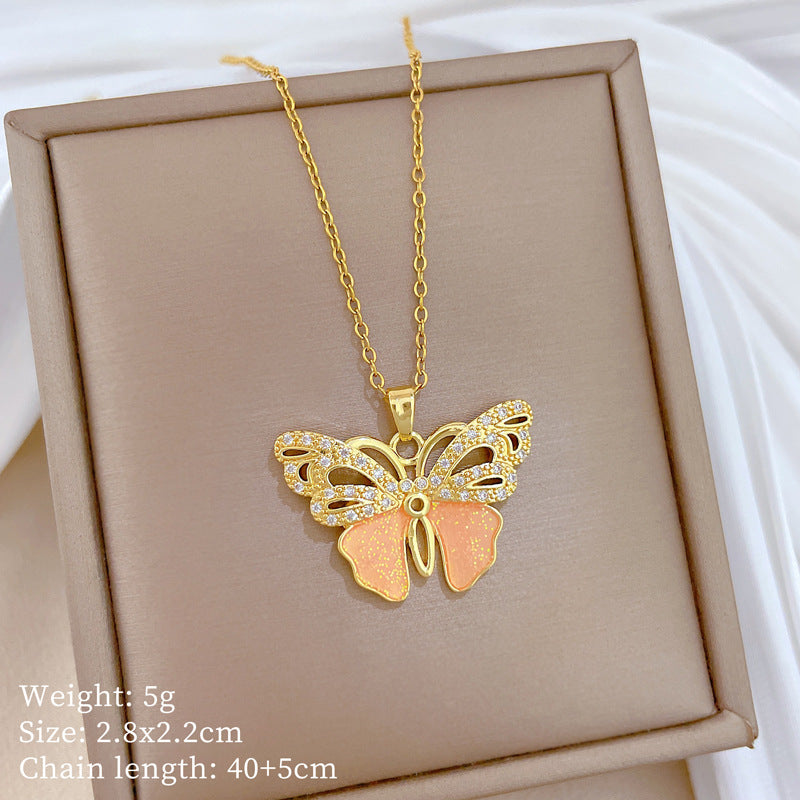 Sweet Butterfly Rhinestone Titanium Steel Necklace for Unisex