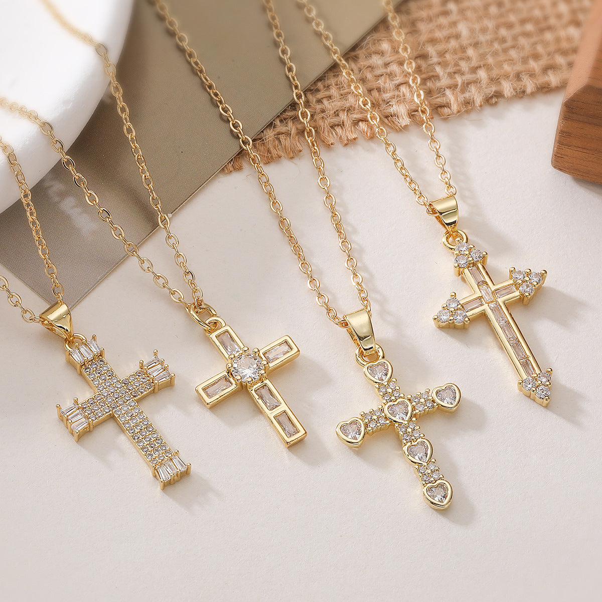 Minimalist Elegant 18K Gold Plated Brass Cross Pendant Necklace with Cubic Zirconia for Women