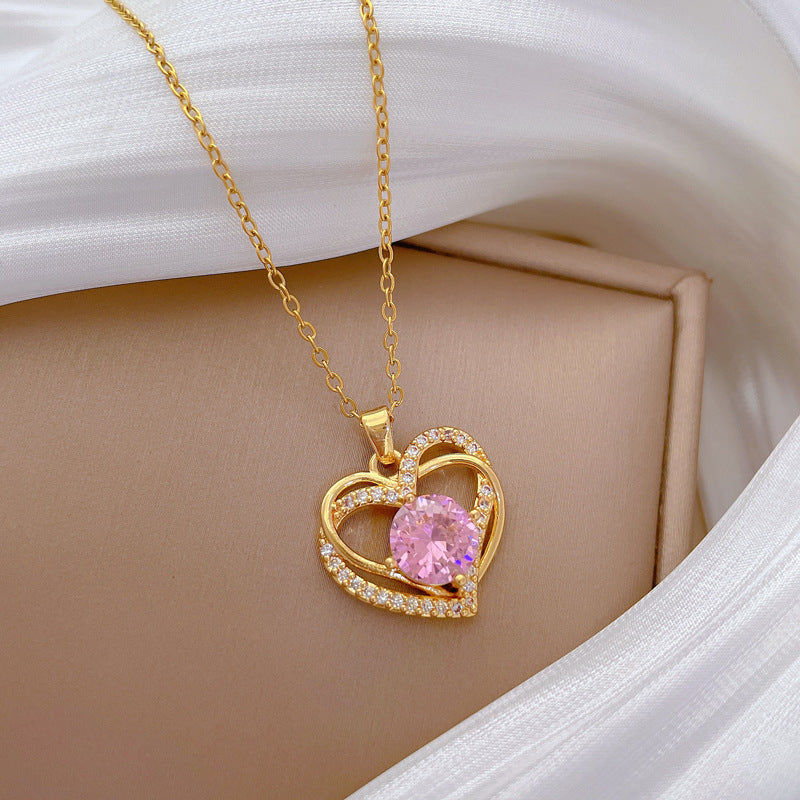 Pink Double-Layer Heart-Shaped Rhinestone Necklace for Women Stainless Steel Delicate Clavicle Chain
