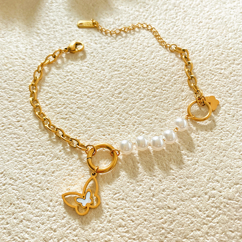 Minimalist Gold Plated Titanium Steel Butterfly Bracelet with Mother of Pearl and Pearl Inlay