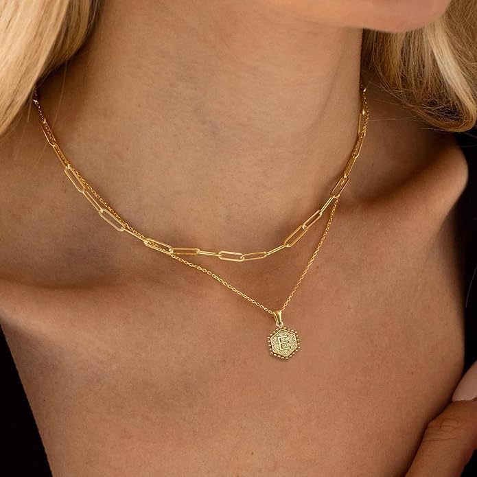 Vintage 18K Gold Plated Double Layer Paperclip Chain Necklace with Stainless Steel Heart and Hexagon Letter Pendant for Women