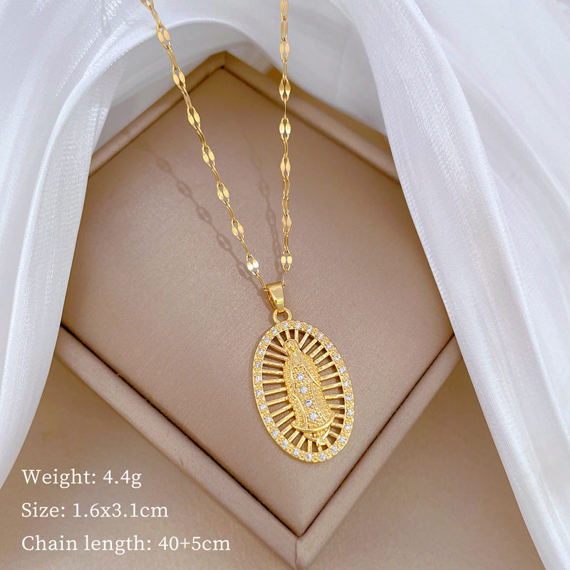 Luxury Minimalist Sweet Geometric Rhinestone Pendant Necklace for Women Titanium Steel O-Chain