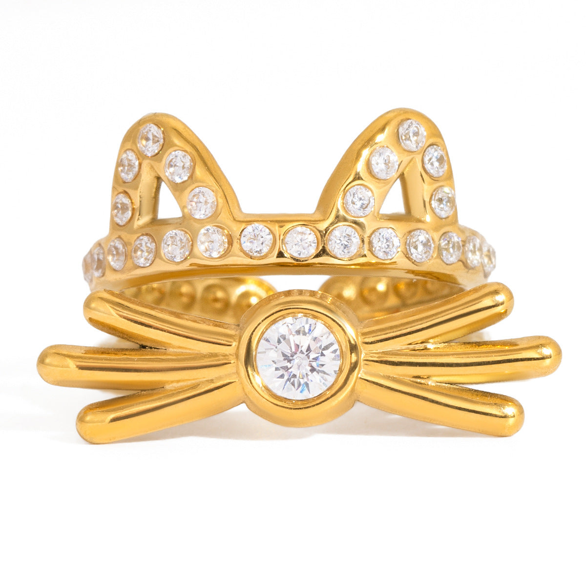 Anello in acciaio al titanio geometrico a forma di gatto con accenti di zirconi, placcato oro PVD sottovuoto, gioielli da donna all'avanguardia