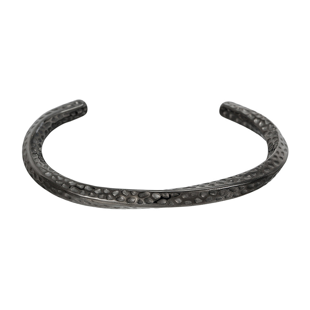 Minimalist Irregular Twisted Stainless Steel Bracelet with Hammered Texture and Adjustable Opening for Women and Men
