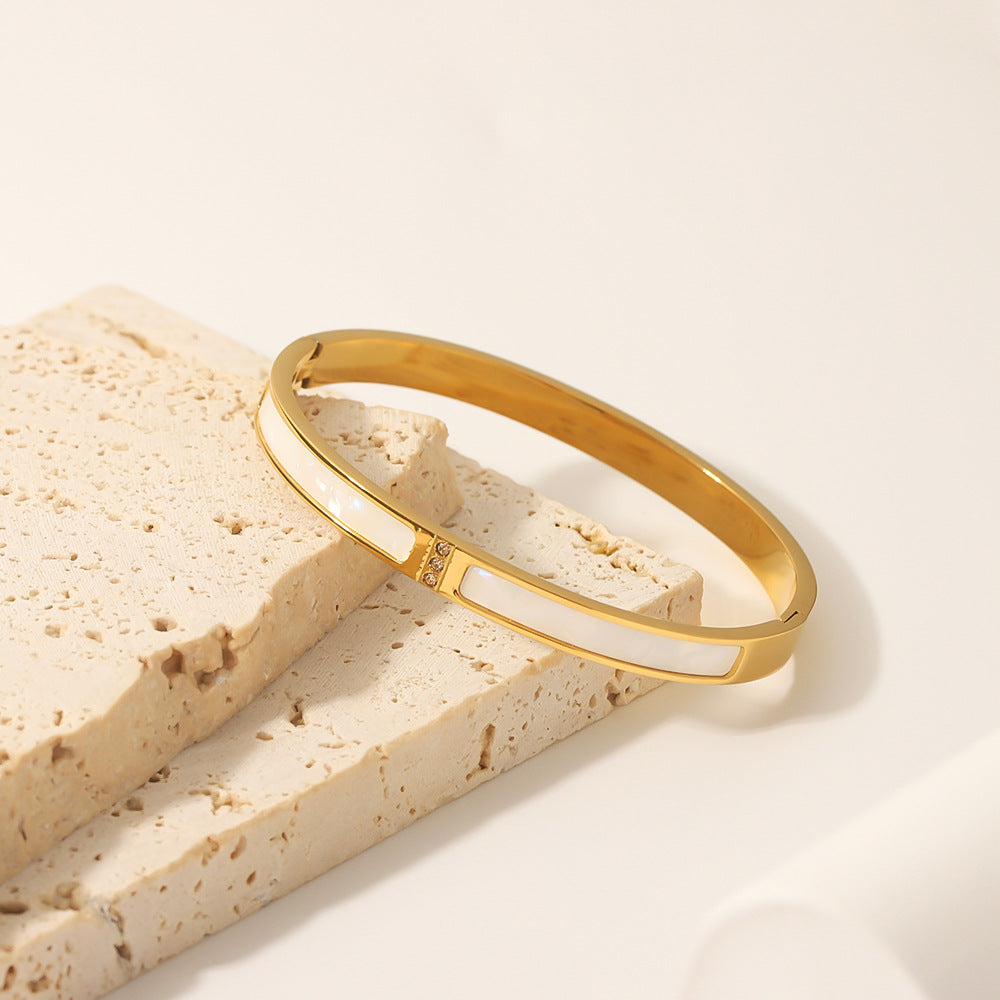 Minimalist Titanium Steel Bracelet with White Abalone Inlay and Rhinestone Accents, 18K Gold Plated for Fade-Resistant Finish