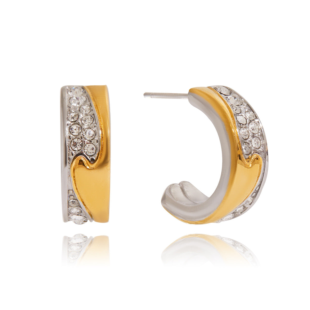 Pendientes de aro en C geométricos de acero inoxidable con detalles de diamantes de imitación para mujer con acabado chapado de aspecto minimalista de lujo