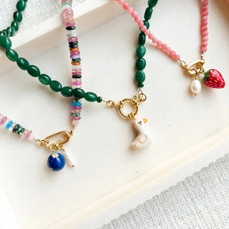 Minimalist Luxury Heart Shaped 18K Gold Plated Brass Pendant with Fruit and Floral Motifs