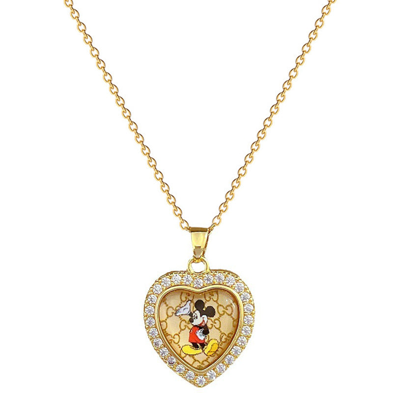 Luxury Full-Rhinestone Mouse Pendant Necklace for Women Stainless Steel Geometric Locket Chain with Natural Moon Motif
