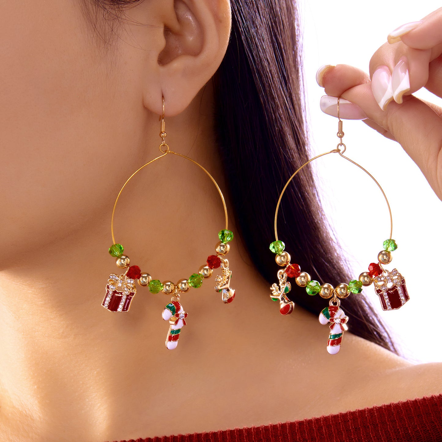Pendientes de gancho con colgante de Papá Noel de Navidad exagerados con diamantes de imitación para mujer, chapados en aleación
