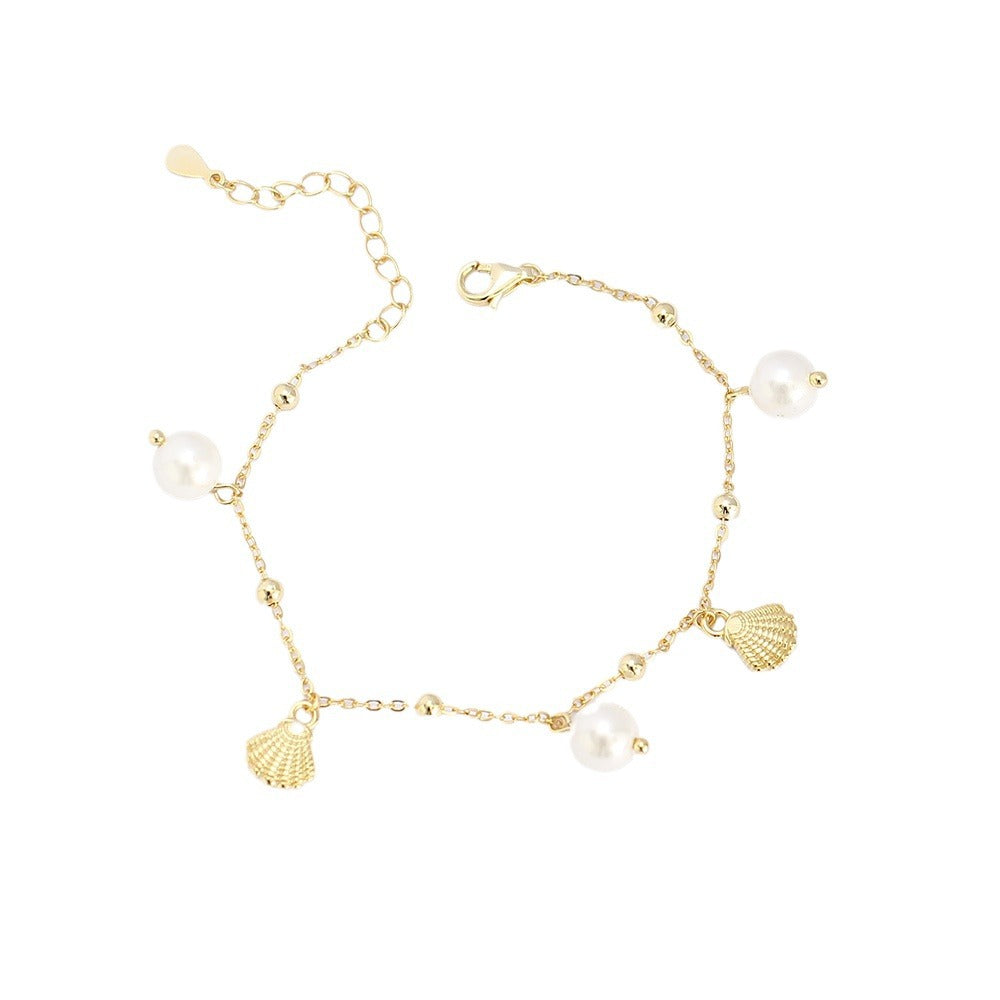 Sweet 925 Sterling Silver Geometric Pearl Shell Charm Bracelet for Women