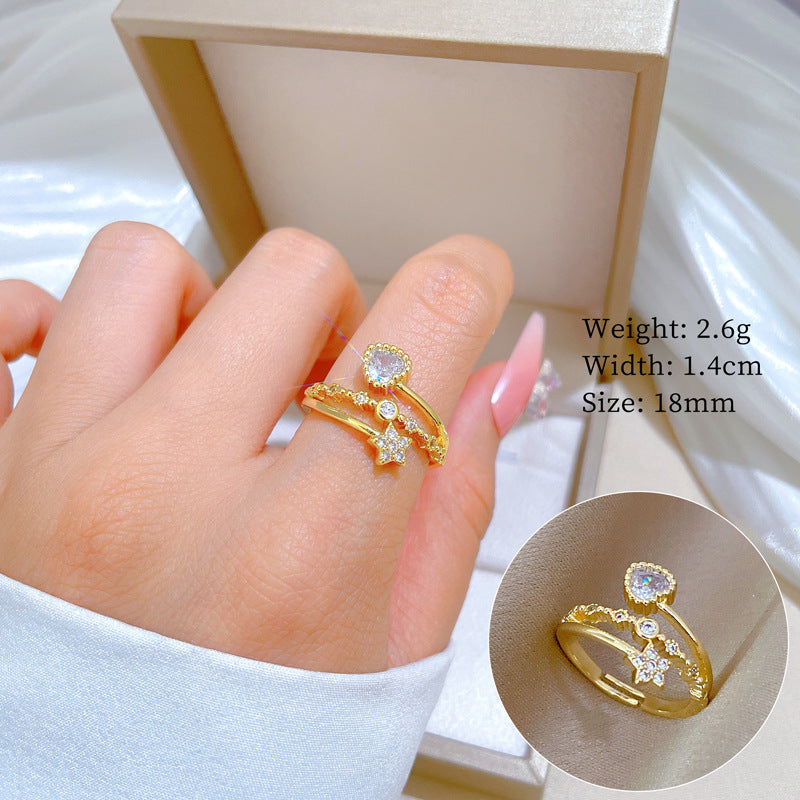 Minimalist Geometric Gold-Plated Brass Open Ring for Women with Crown Shape and Rhinestone Inlay