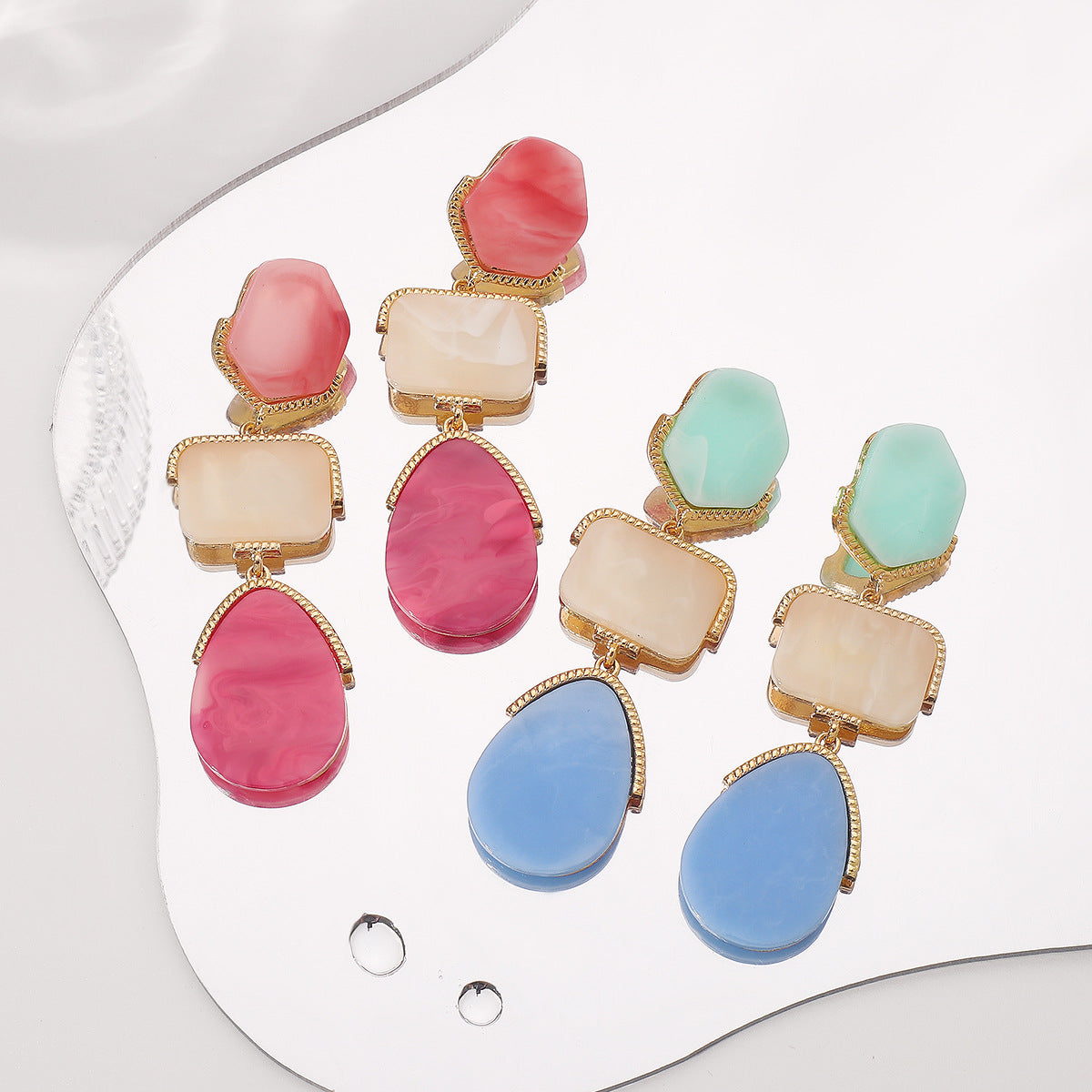 Pendientes largos colgantes bohemios geométricos de acetato y aleación con baño, para mujer