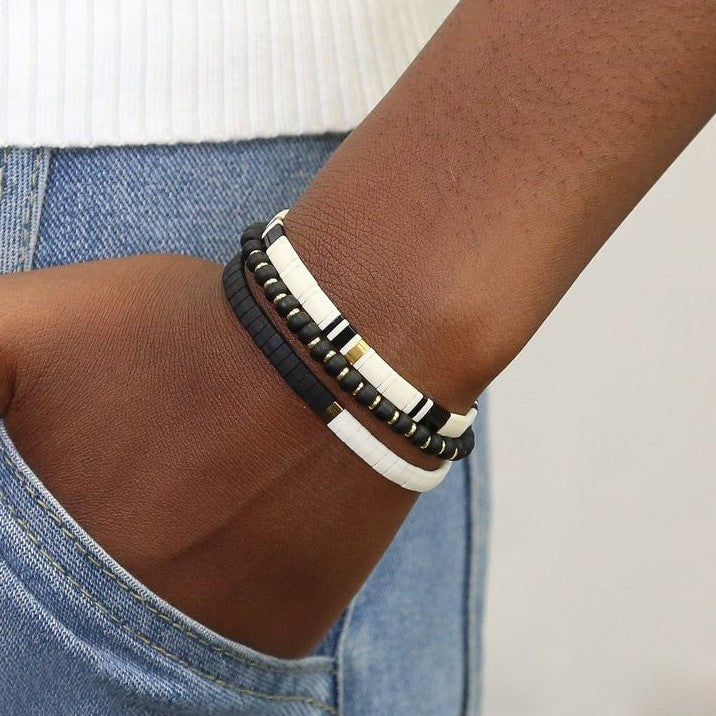 Casual Geometric Matte Black Tila Bead Hand-strung Bracelet for Unisex