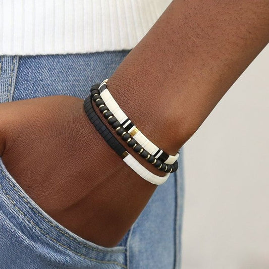 Casual Geometric Matte Black Tila Bead Hand-strung Bracelet for Unisex