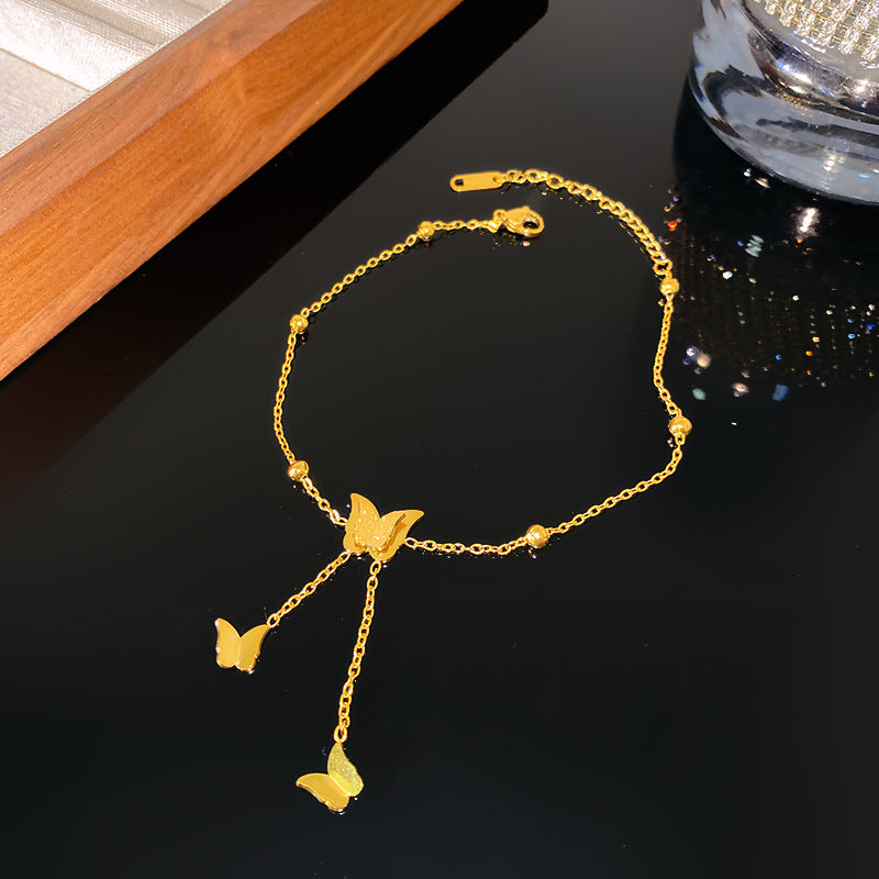 Minimalist Gold Plated Titanium Steel Heart Butterfly Rhinestone Anklet with Tassel