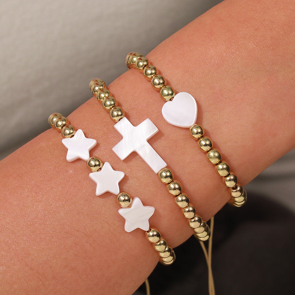 Geometric Shell and Copper Bead Adjustable Braided Friendship Bracelet for Women with Heart Star Cross Motifs
