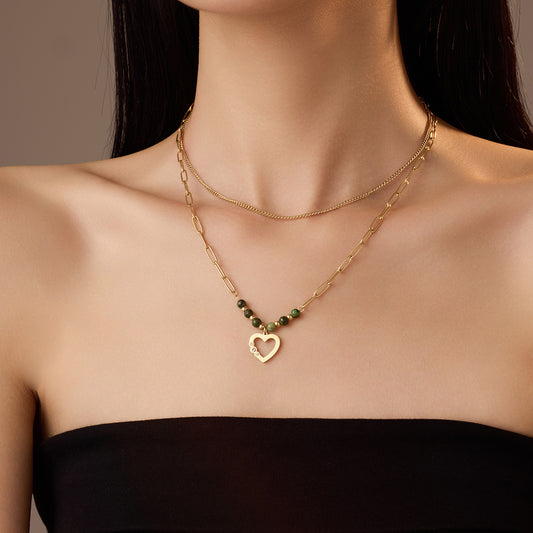 Minimalist Fashion Double-Chain Heart-Shaped Zircon Pendant Necklace in Stainless Steel with Plating Finish for Women
