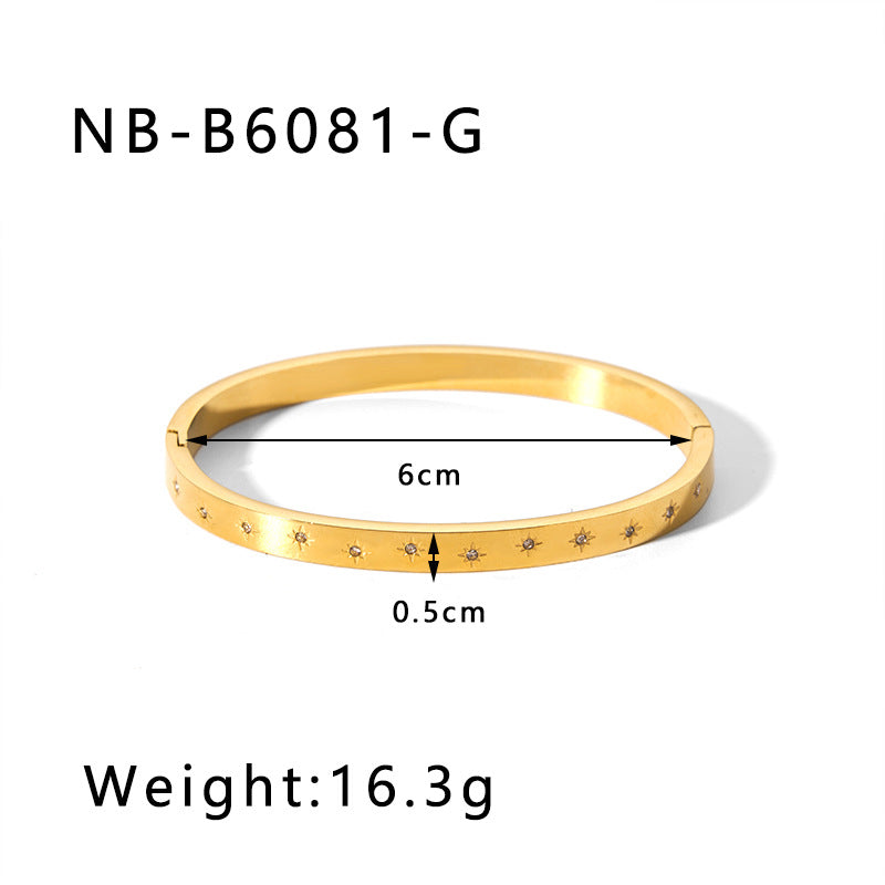 INS Style Irregular Eight-Pointed Star Cuff Bracelet in Stainless Steel with Rhinestone Inlay and Plated Finish