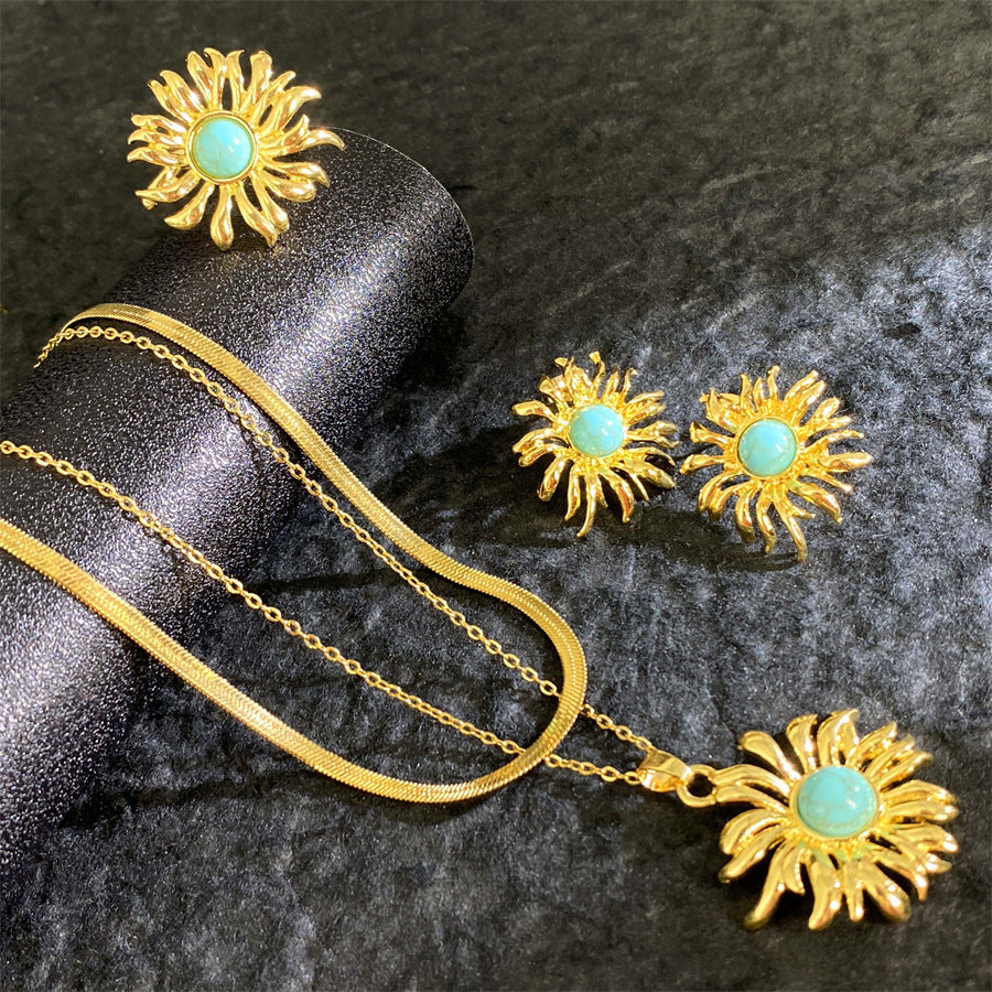 Set collana vintage geometrica a doppio strato placcata oro 18K in acciaio al titanio con strass intarsiati, catena a lama, gioielli unisex