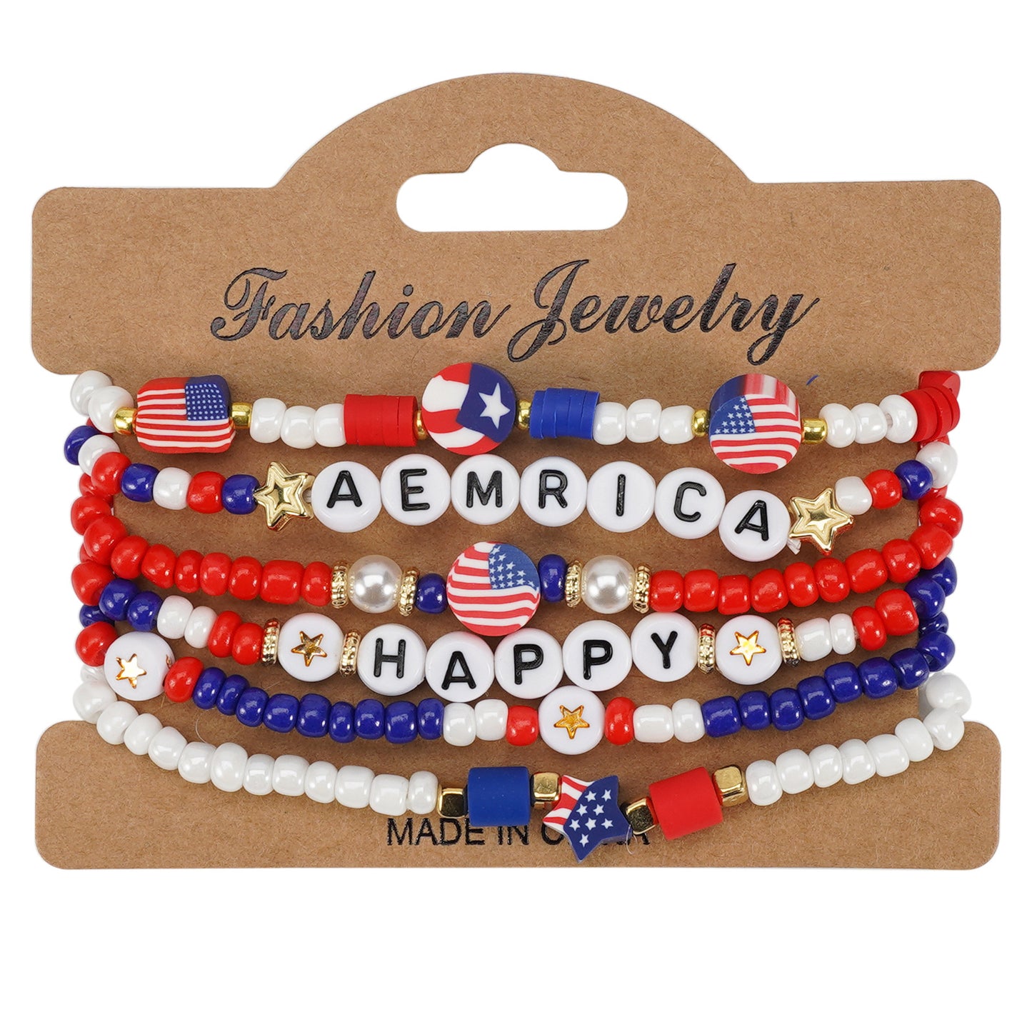 Geometric Resin Beaded Bracelet Red White Blue Patriotic Design Unisex