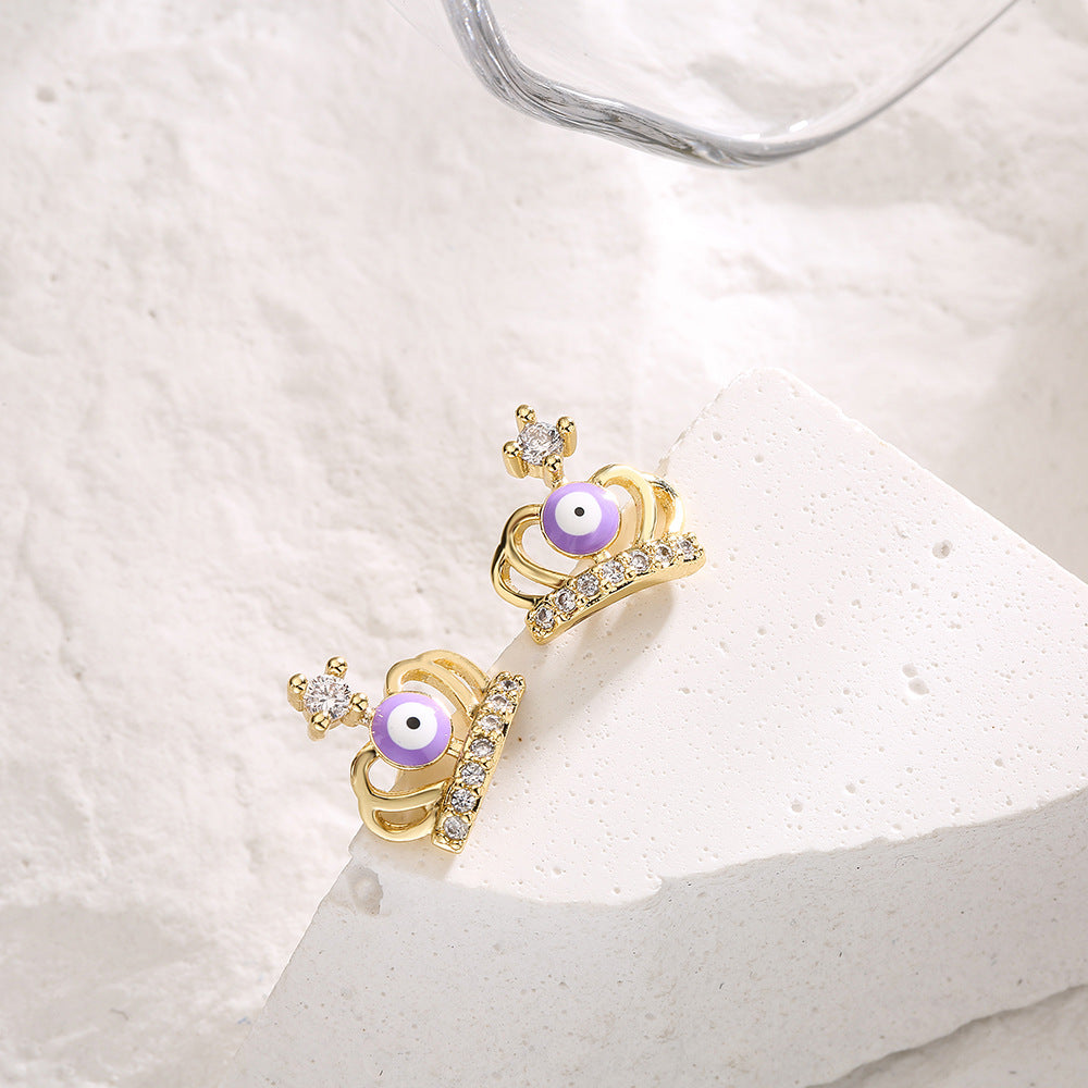 Orecchini a perno con corona geometrica personalizzata stile Ins, in rame con micro-pavé di zirconi e placcatura in oro 18K da donna