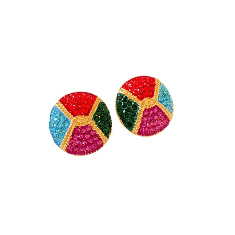 Vintage Floral Geometric Earrings with Rhinestone Inlay and Enamel Finish in Brass with Steel Posts for Women