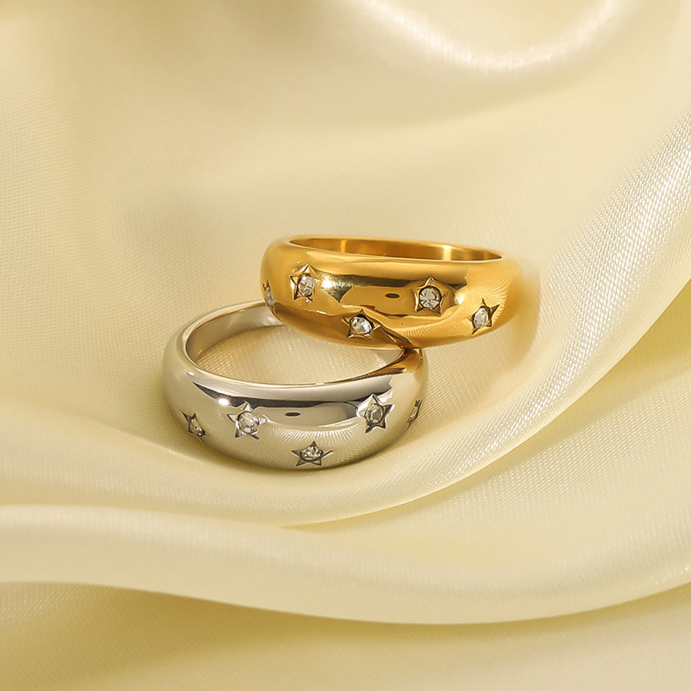 Minimalist Geometric Star-Inlaid Stainless Steel Ring with 18K Gold Plating for Women