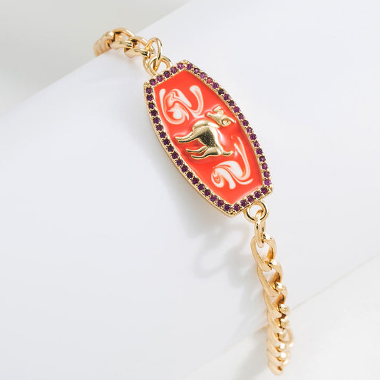 Pulsera geométrica minimalista de cobre con diseño zodiacal, chapada en oro de 18K y acabado esmaltado para mujer
