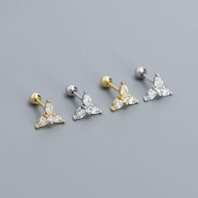Minimalist Geometric Teardrop-Shaped S925 Sterling Silver Threaded Cartilage Earrings with Cubic Zirconia Inlay for Women