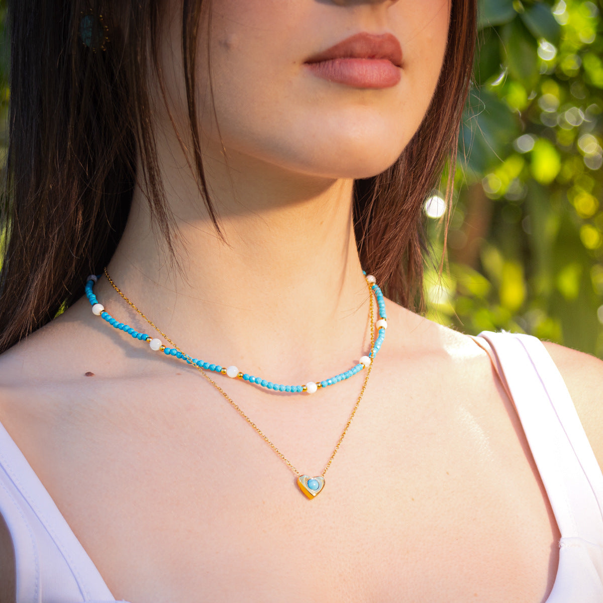 Collar con colgante de corazón de turquesa con cuentas de acero inoxidable chapado en oro de 18 quilates para mujer