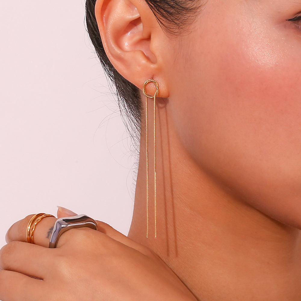 Minimalist Fashion 18K Gold Plated Stainless Steel Geometric Round Snake Chain Long Tassel Earrings for Women